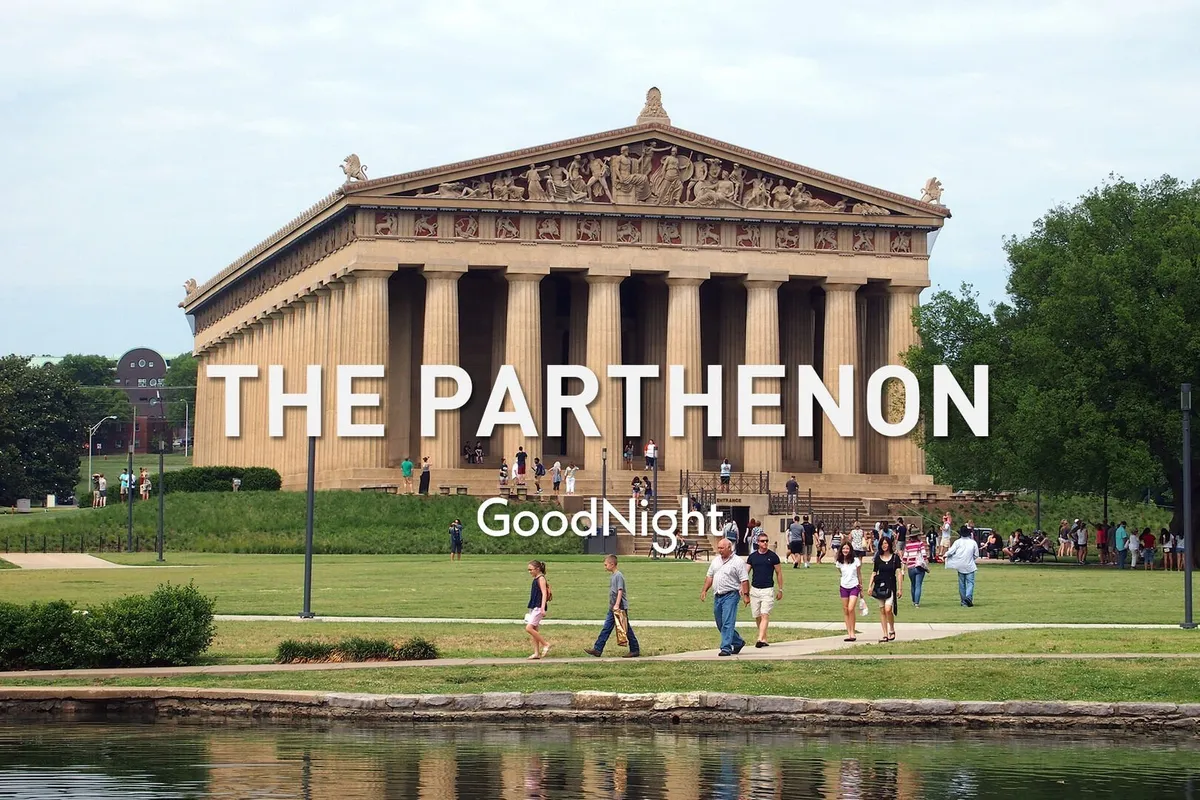 A lively scene in Centennial Park featuring the iconic Parthenon replica, with people strolling on the grass, a reflective pond, and a joyful atmosphere. Families and groups are seen enjoying the expansive green space, ideal for picnics and exploration.